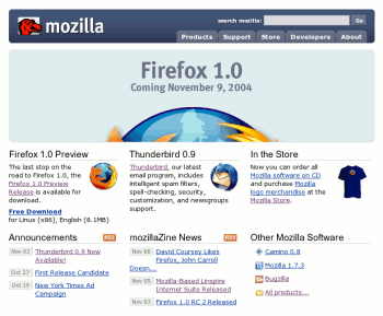 Screenshot of Mozilla.org with Pre-Firefox 1.0 announcement