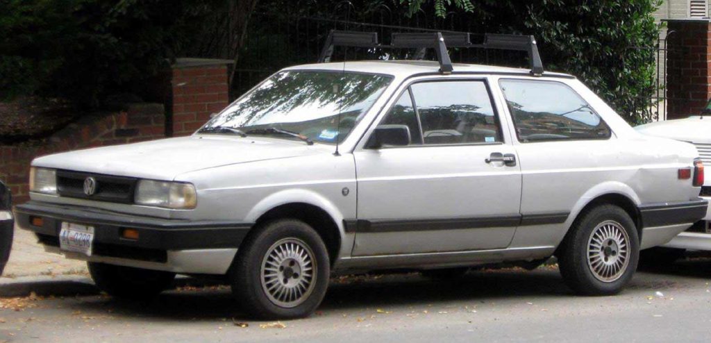 Silver 1991-era Volkswagen Fox 3-door car