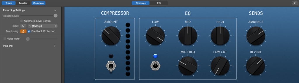 Screenshot of track audio controls in GarageBand including EQ, AMBIENCE, and REVERB