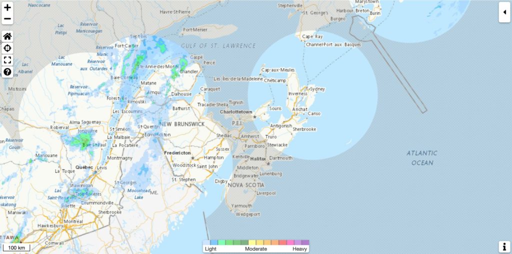 Radar map screenshot showing spots with no data around PEI and Nova Scotia
