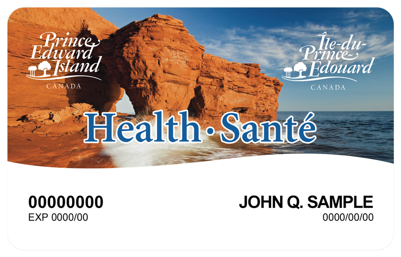 Sample Prince Edward Island health card with photo of red island cliffs.