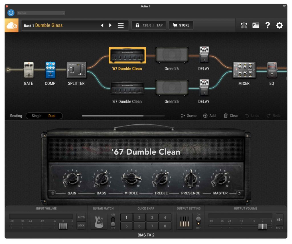 Screenshot of Bias FX2 guitar amp and effects simulator showing an array of effects pedals and guitar amps.