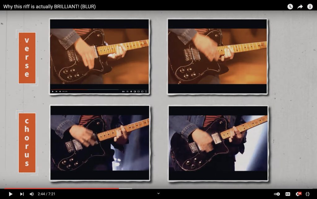 Screenshot from Paul Davids YouTube video showing four images of a guitar being played.