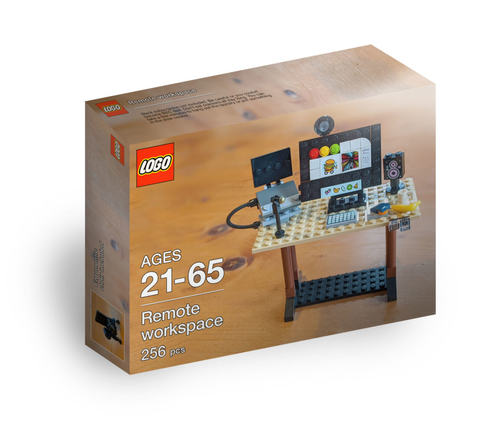 Fake Lego set called "Remote Workspace" showing a desk with computer workstation made of Lego
