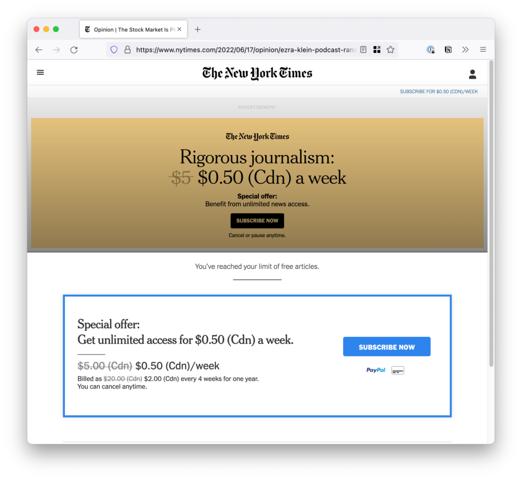 Screenshot of the New York Times website with overlay blocking the article offering a subscription promotion.