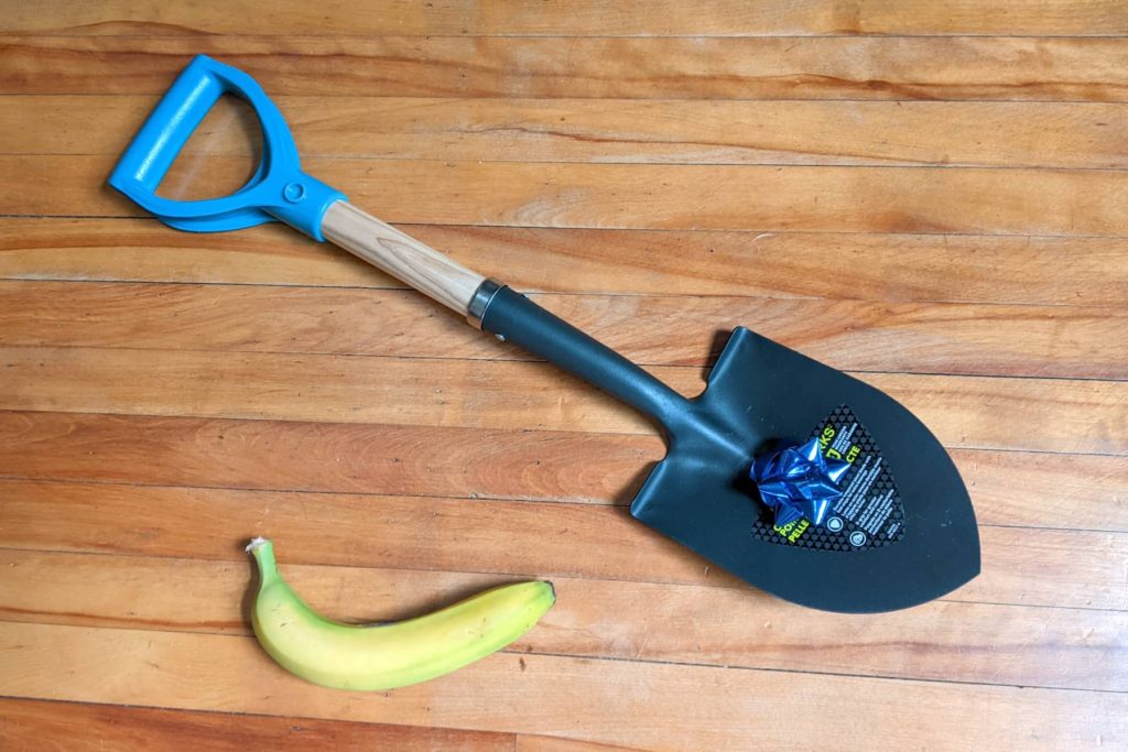 Small metal shovel next to a banana (shovel is about three times the length of the banana)