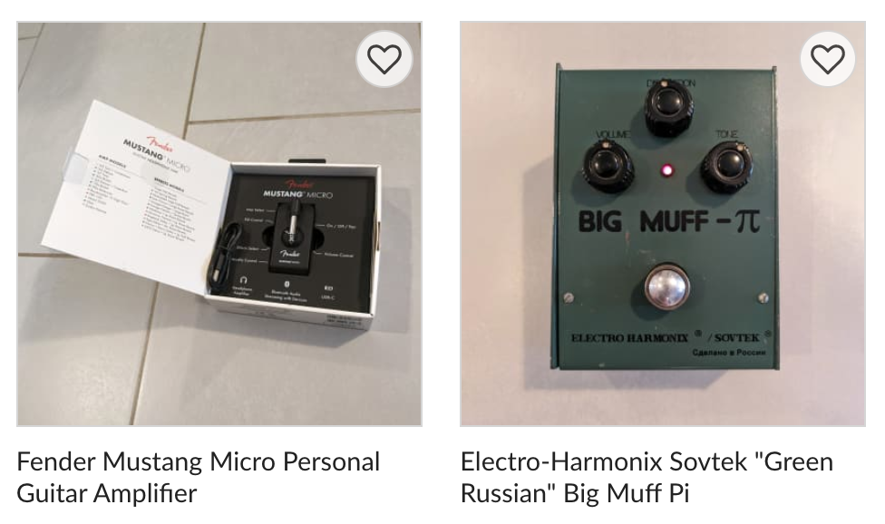 Screenshot of guitar items for sale on the Reverb website including a "Fender Mustang Micro personal guitar amp", and a "Electro-Harmonix Sovtek 'Green Russian' Big Muff Pi"