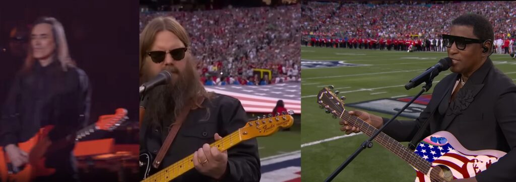 Composite photo showing 1. man holding red guitar, 2. man with beard, long hard, and sunglasses playing guitar and singing in front of American flag and large crowd, 3. Man with sunglasses playing american-flag-themed acoustic guitar on football field