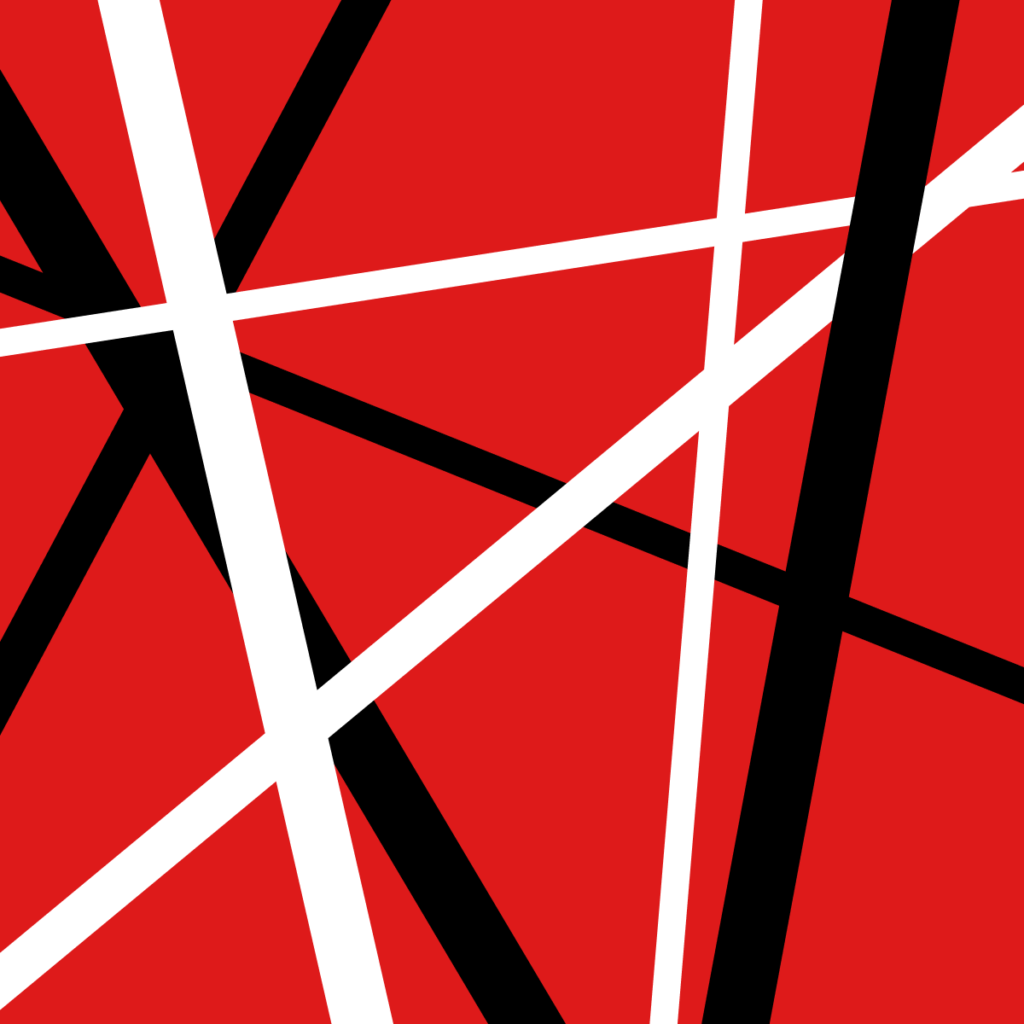 Abstract red square with black and white stripes of varying widths at varying angles.