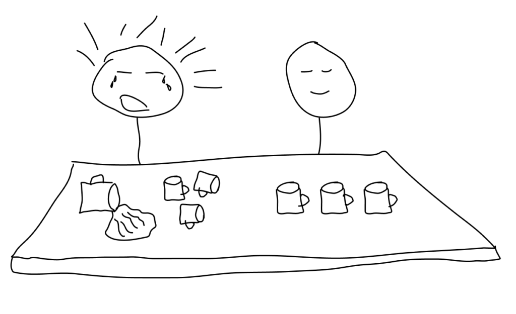 Rudimentary sketch of two stick people at a counter. One looks stressed in front of a mess of spilled mugs, the other looks calm in front of an orderly row of mugs.