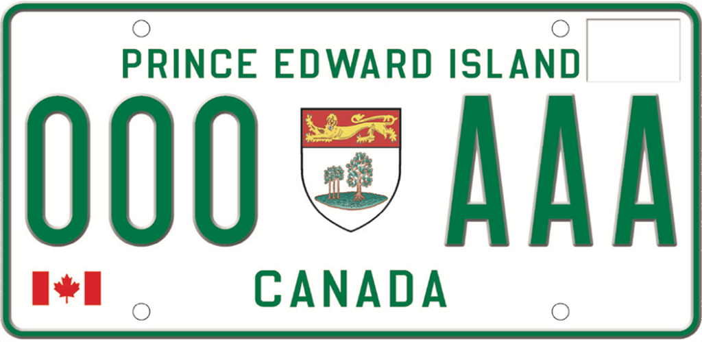 White license plate with green block lettering reading PRINCE EDWARD ISLAND at the top, an example plate number, the crest of PEI, a small Canadian flag at the word CANADA at the bottom.