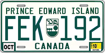 White license plate with dark green block lettering reading PRINCE EDWARD ISLAND on the top, a plate number of FEK 192 in the middle, with a stylized emblem on PEI featuring a lion, three small trees, and a large tree, and the word CANADA at the bottom.