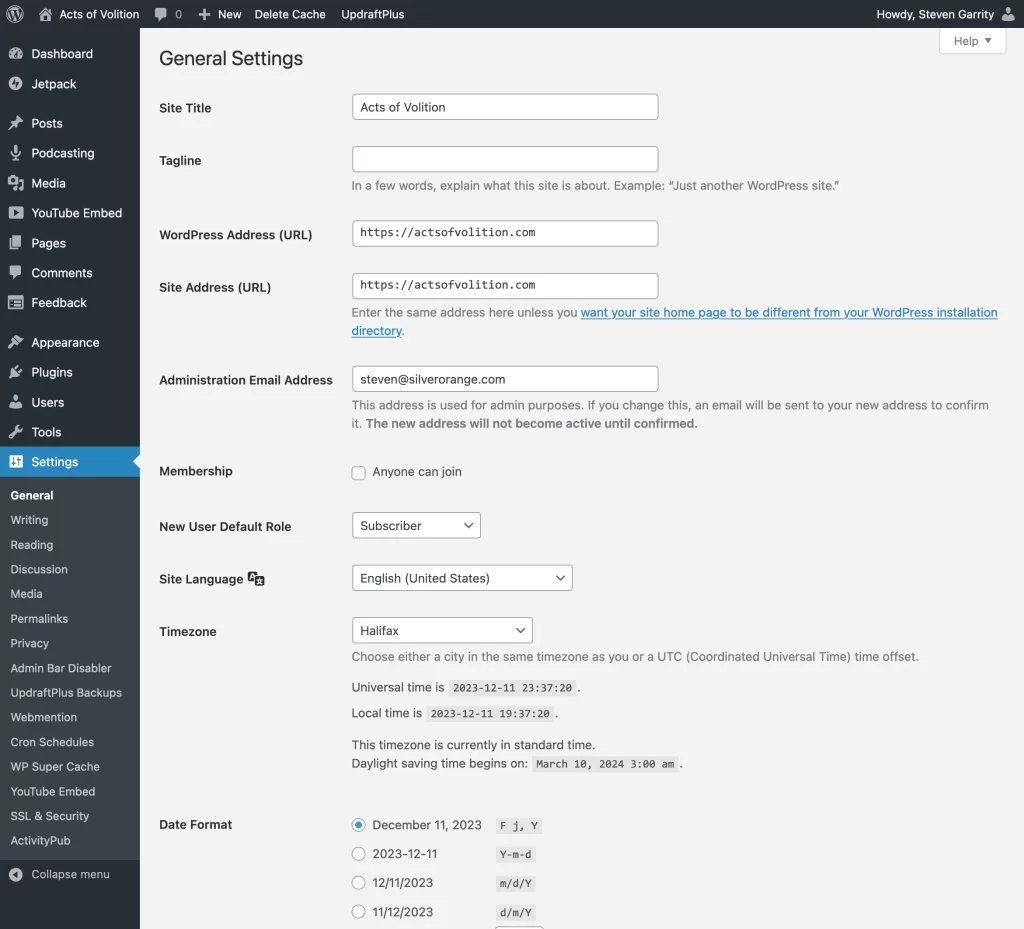 Screenshot of wordpress settings screen with tiny text difference from the previous image.