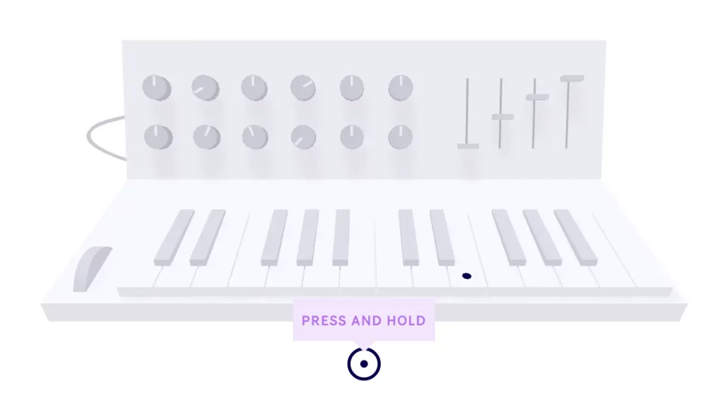 Illustration of a synthesizer with knobs, sliders, a piano-style keyboard, and a button that reads 'PRESS AND HOLD'.