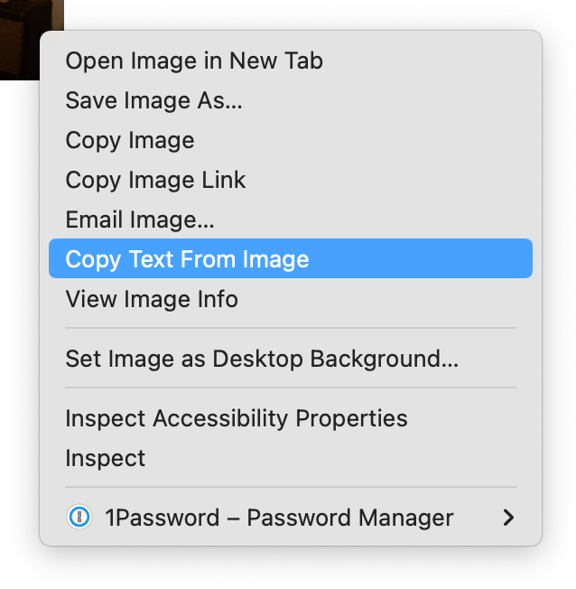 Screenshot of a right-click context menu in Mac OS showing many options including Open Image in New Tab and with the item Copy Text From Image highlighted.