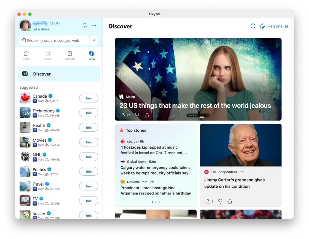 Screenshot of Skype app for macOS including a 'Discover' pane fill of news, with headlines line '23 US things that make the rest of the world jealous'.