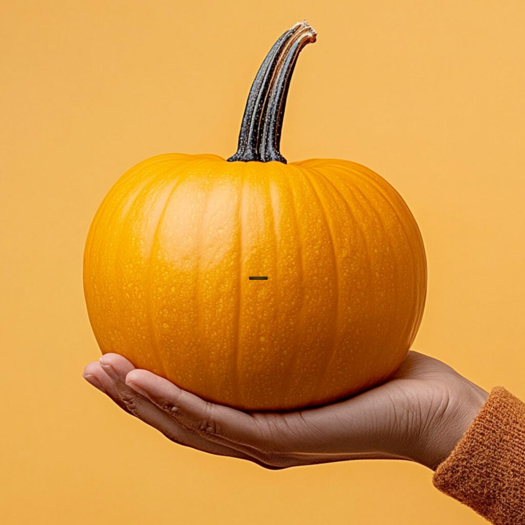 Photo of a pumpkin in a person's hand with a small rounded rectangle like a USB-C port photoshop'ed on to the pumpkin.
