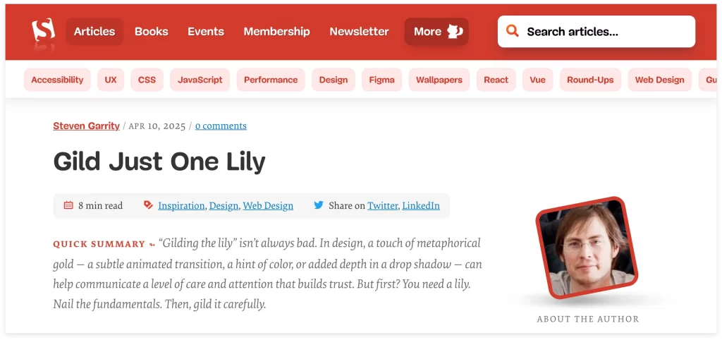 Screenshot of the Smashing Magazine website showing an article by Steven Garrity called 'Gild Just One Lily'