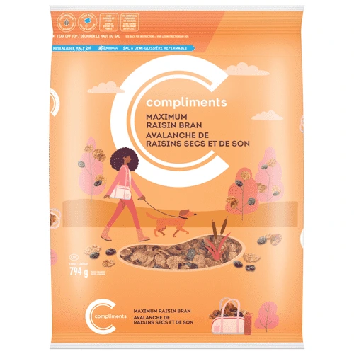 Orange bag of "compliments MAXIMUM RAISIN BRAN" cereal with zip-lock style top