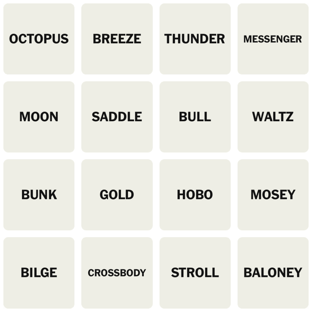 Screenshot of a web game with a grid of squares with text reading: OCTOPUS BREEZE THUNDER MESSENGER MOON SADDLE BULL WALTZ BUNK GOLD HOBO MOSEY BILGE CROSSBODY STROLL BALONEY